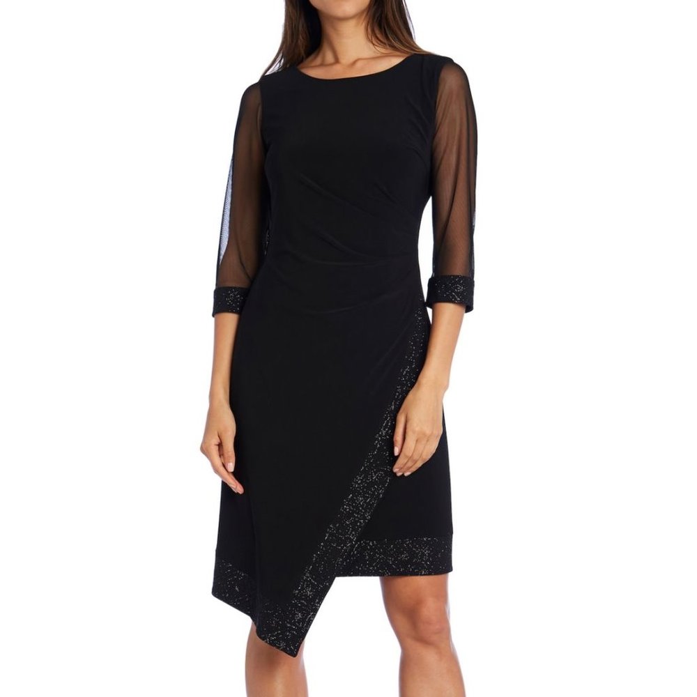 SHEER SLEEVE SIDE RUCHED ASYMETRICAL SKIRTED DRESS